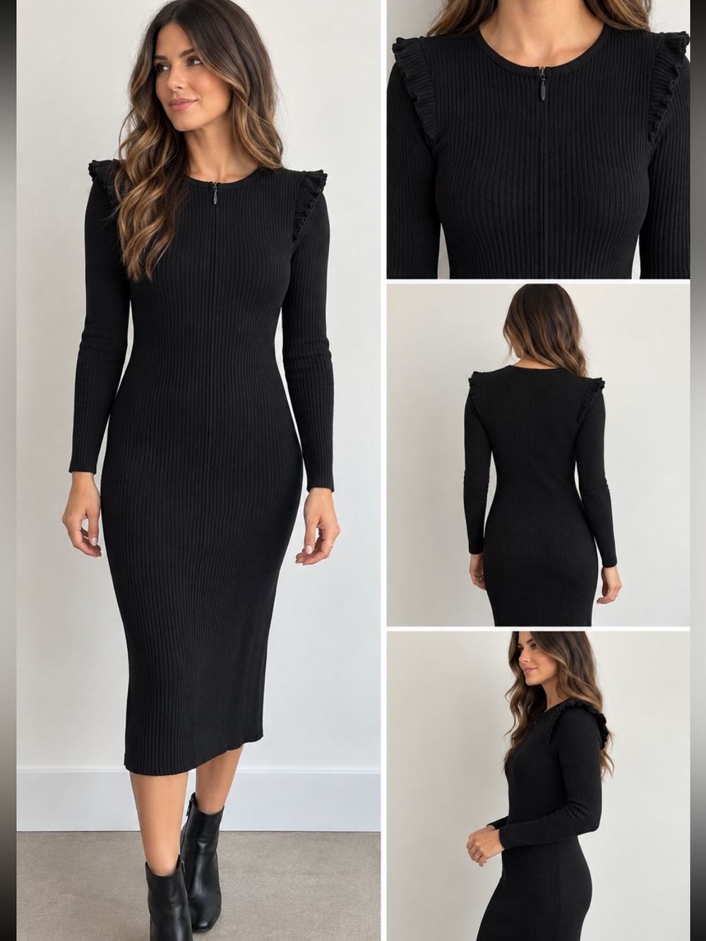 ZARA Black Ribbed Knit Ruffle Shoulder Long Sleeve Fitted Dress Size Small.🖤